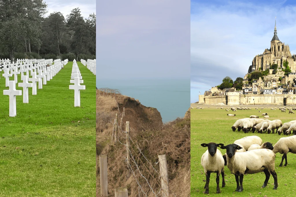 Pictures of best places to visit in Normandy in 2 days: American Cemetery, coastal cliffs and Mont Saint-Michel