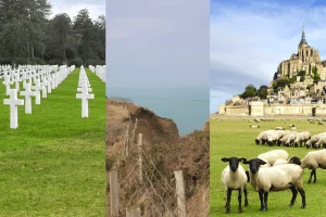 Pictures of best places to visit in Normandy in 2 days: American Cemetery, coastal cliffs and Mont Saint-Michel