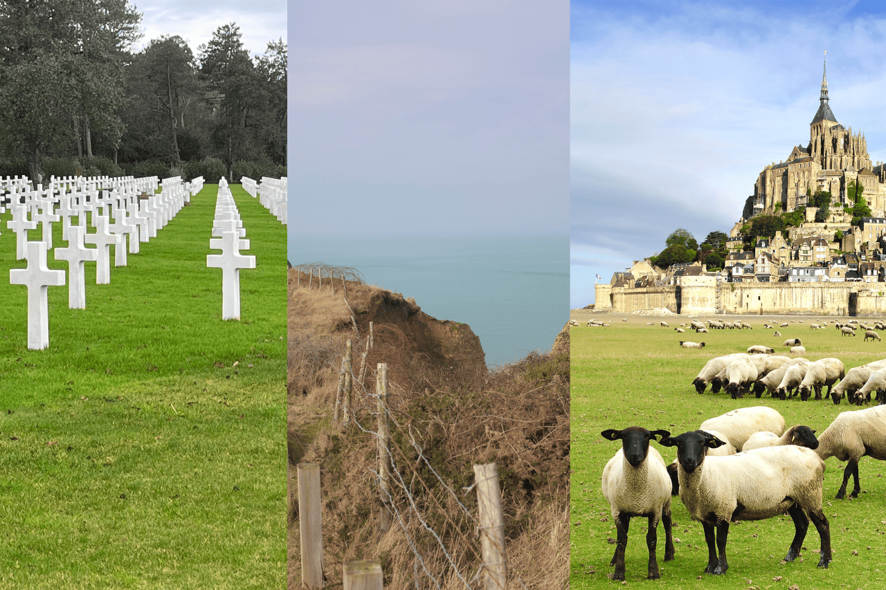 Pictures of best places to visit in Normandy in 2 days: American Cemetery, coastal cliffs and Mont Saint-Michel